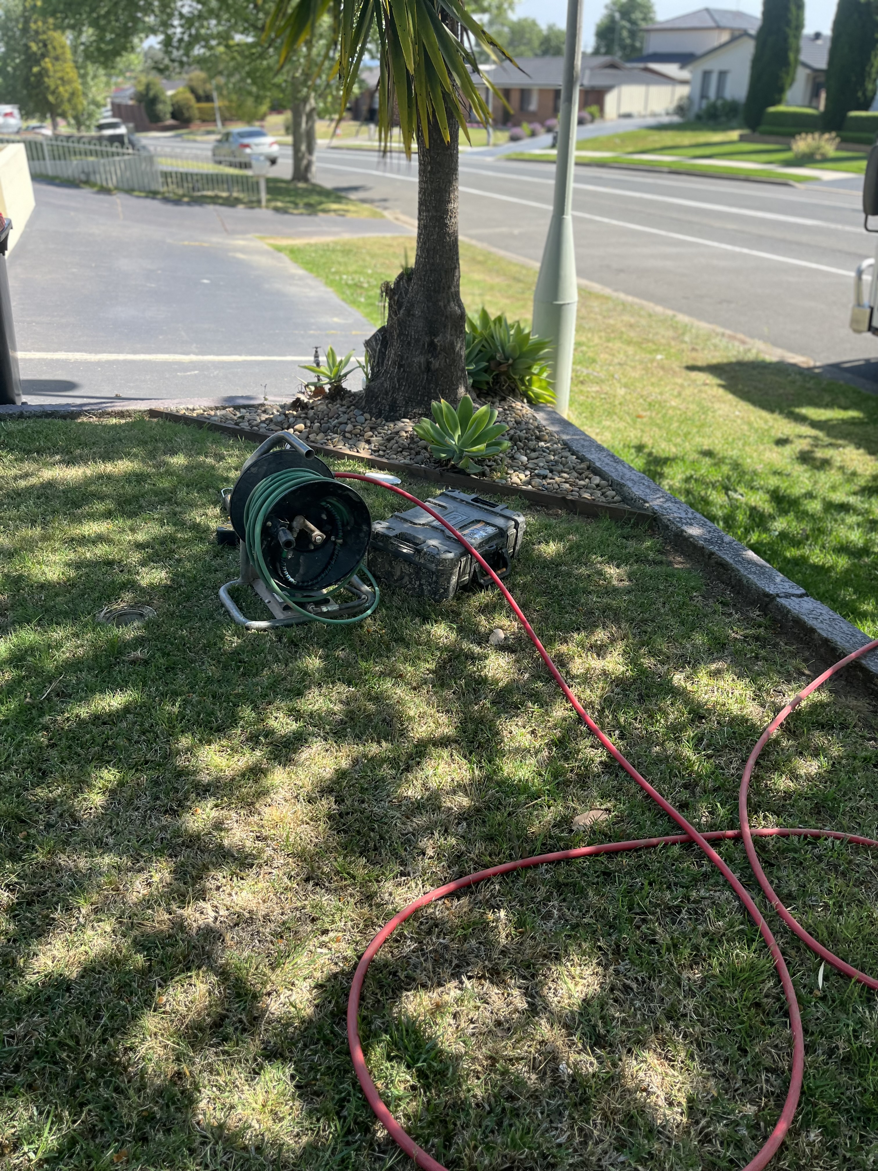 The image features a well-maintained lawn in a suburban area with a palm tree and neatly edged garden borders. A hose reel with a green garden hose and a black equipment case is positioned on the grass, possibly indicating plumbing work or drain clearing activities in progress. The setting appears calm, surrounded by a few patches of shade from the trees, which also suggests that the day is sunny. In the background, residential properties are visible, highlighting the neighbourhood aspect where plumbing services are likely needed.